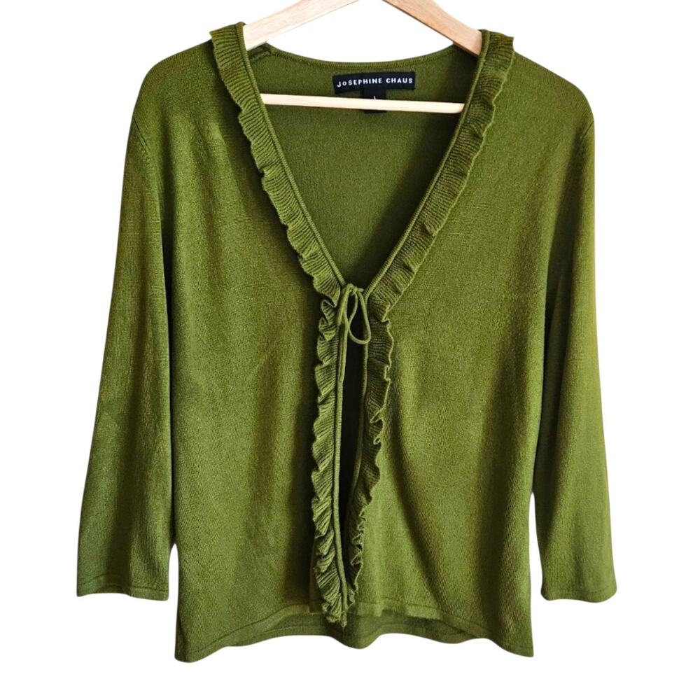 Josephine Chaus Sweater Womens Large Green Cardigan Ruffle Trim Tie Front